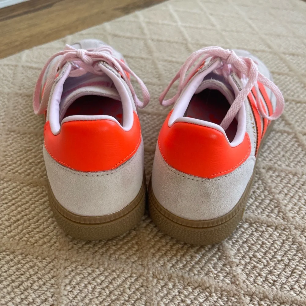 Adidas Spezial Suede Sneakers in Light Pink with Neon Orange Stripes - Picture 4 of 6